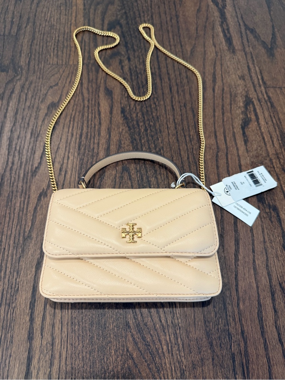 Tory Burch Quilted Mini Crossbody in Pale Beige with Gold Chain